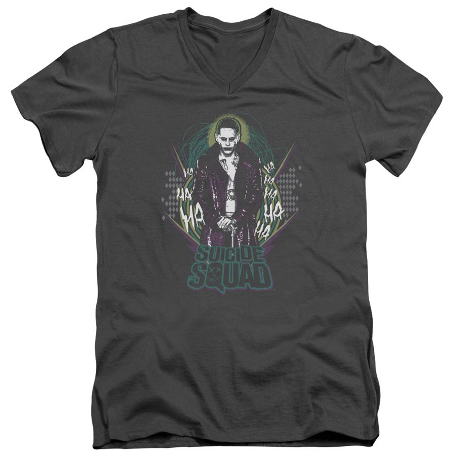 Suicide Squad Movie Suicide Joker Adult V-Neck 30/1 Charcoal T-Shirt Short Sleeve T-Shirt Large