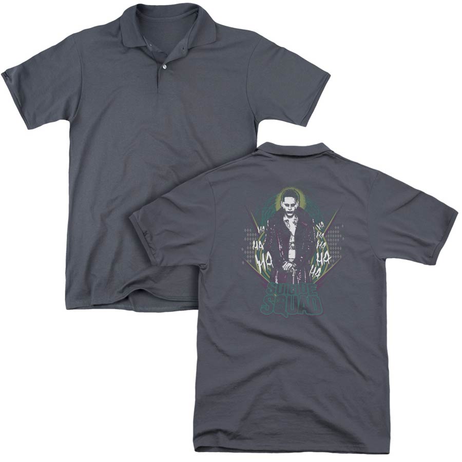 Suicide Squad Movie Suicide Joker (Back Print) Mens Regular Fit Charcoal Polo T-Shirt Large
