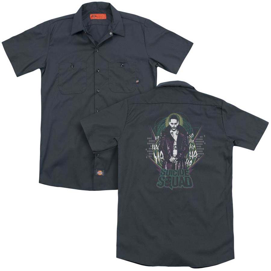Suicide Squad Movie Suicide Joker (Back Print) Adult Charcoal Button-Down Work T-Shirt Large