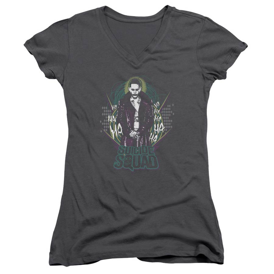Suicide Squad Movie Suicide Joker Junior V-Neck Charcoal T-Shirt Large
