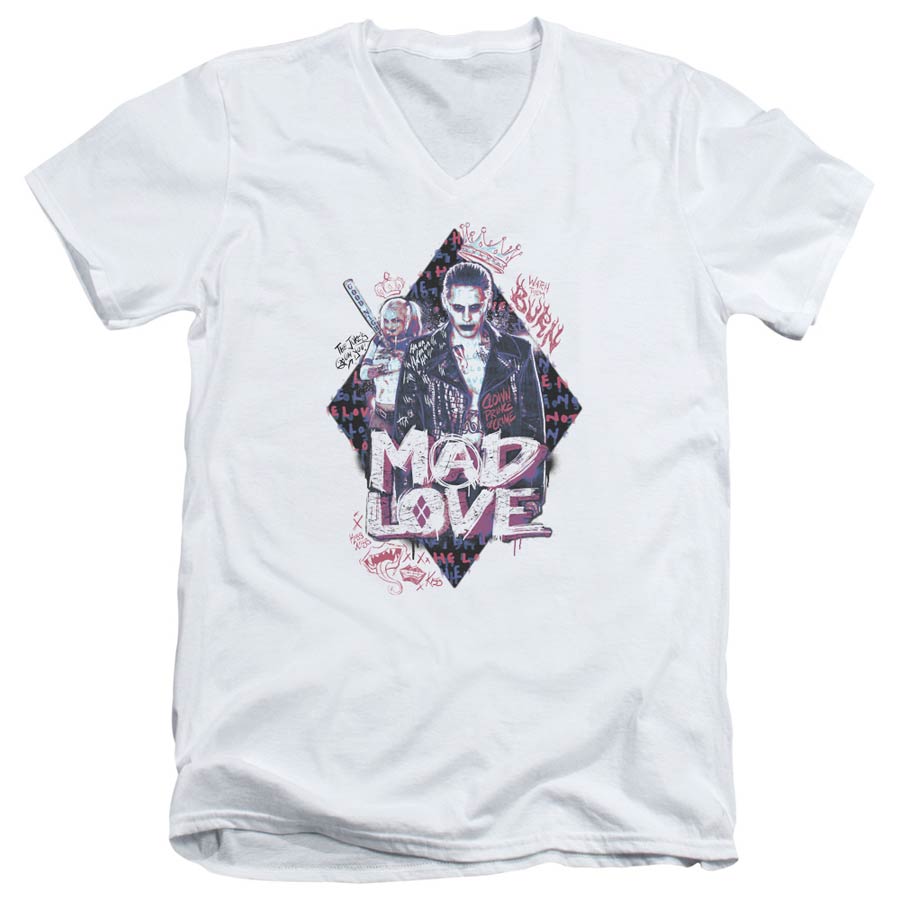 Suicide Squad Movie Mad Love Adult V-Neck 30/1 White T-Shirt Short Sleeve T-Shirt Large