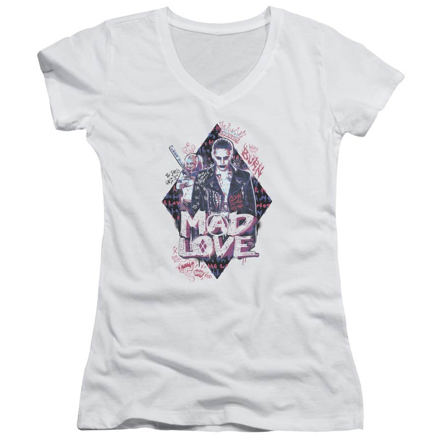 Suicide Squad Movie Mad Love Junior V-Neck White T-Shirt Large