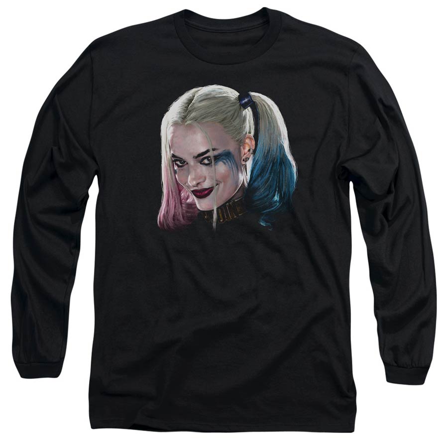Suicide Squad Movie Harley Head Adult 18/1 Black Long Sleeve Shirt Large