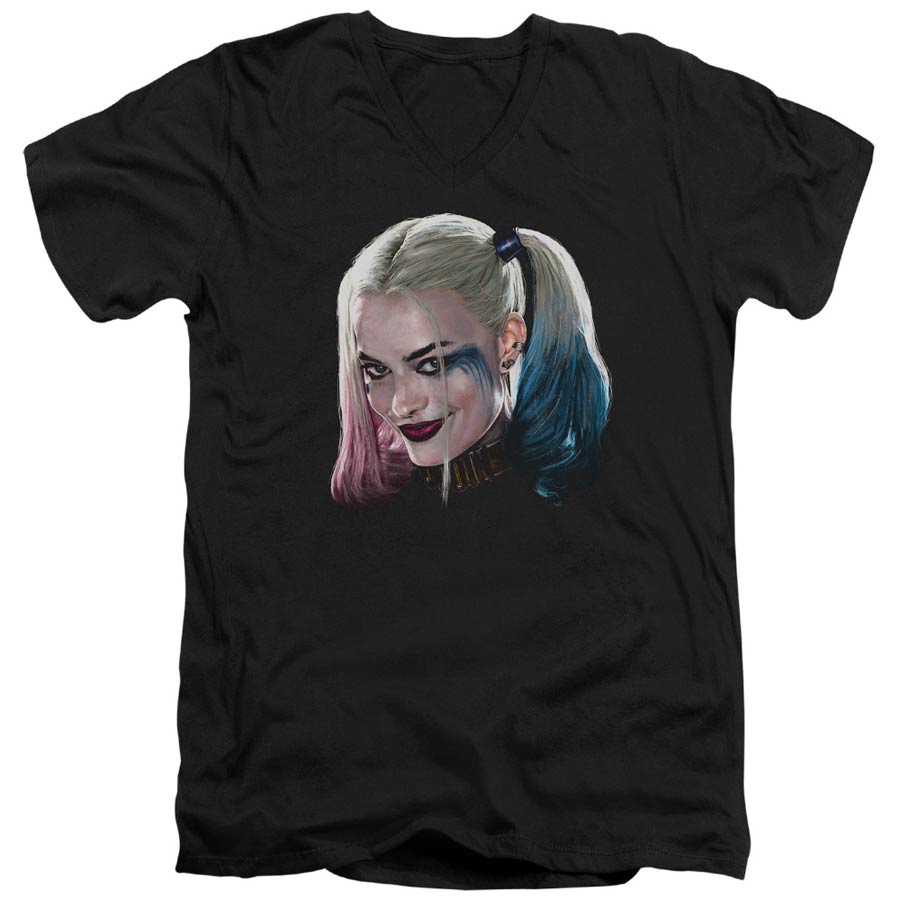 Suicide Squad Movie Harley Head Adult V-Neck 30/1 Black Short Sleeve T-Shirt Large