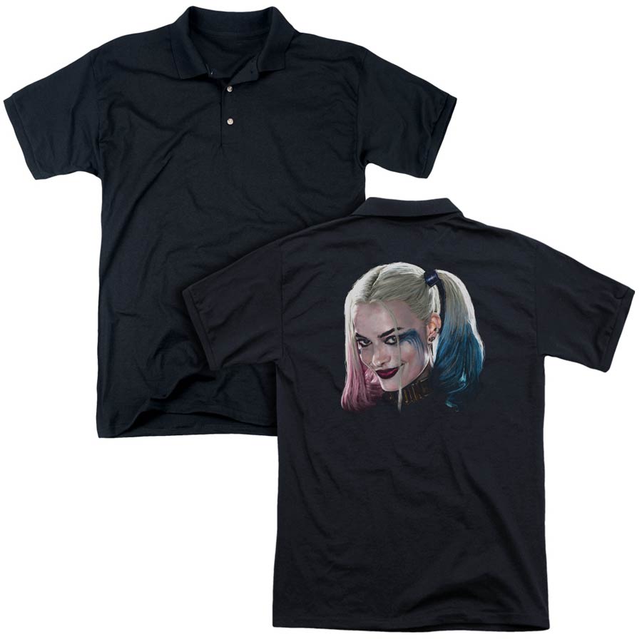 Suicide Squad Movie Harley Head (Back Print) Mens Regular Fit Black Polo T-Shirt XXX-Large