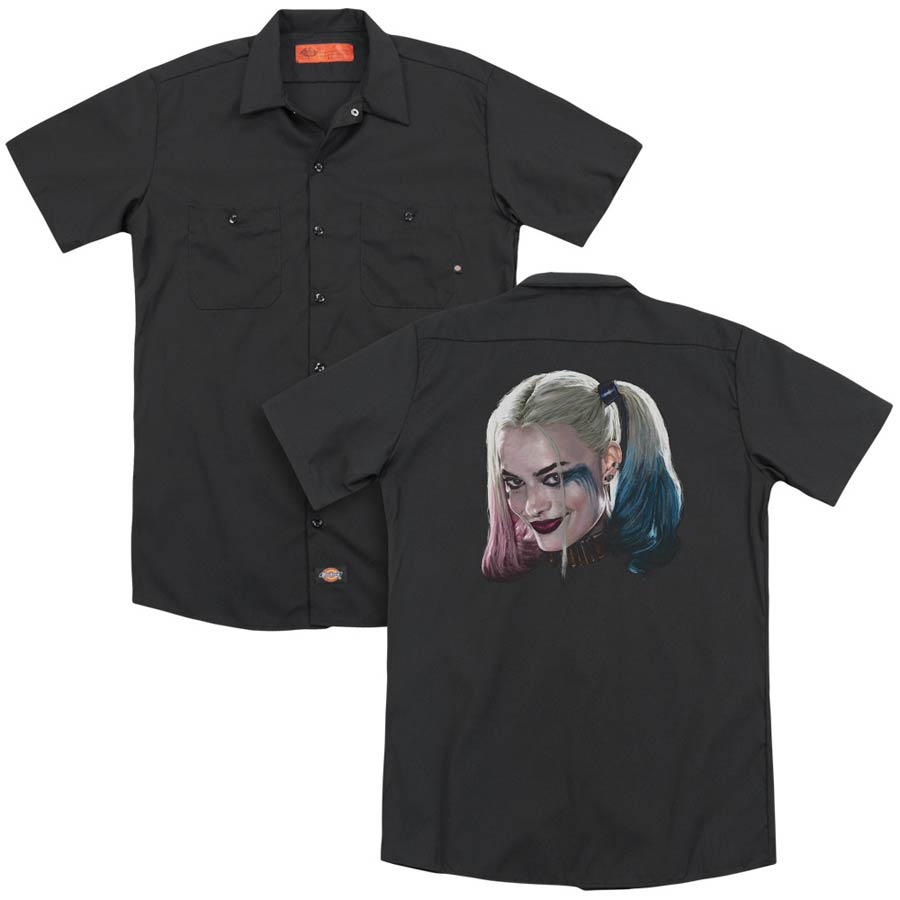 Suicide Squad Movie Harley Head (Back Print) Adult Black Button-Down Work T-Shirt XXX-Large