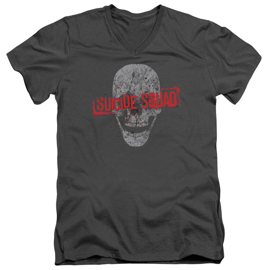 Suicide Squad Movie Skull Adult V-Neck 30/1 Charcoal T-Shirt Short Sleeve T-Shirt Large