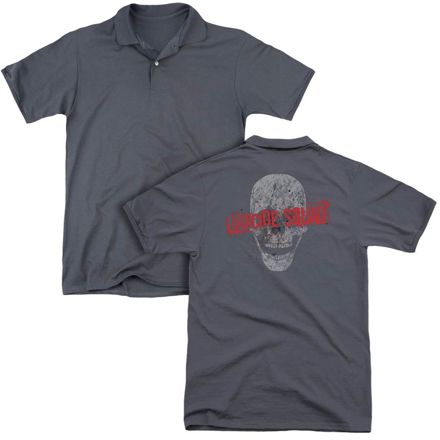 Suicide Squad Movie Skull (Back Print) Mens Regular Fit Charcoal Polo T-Shirt Large