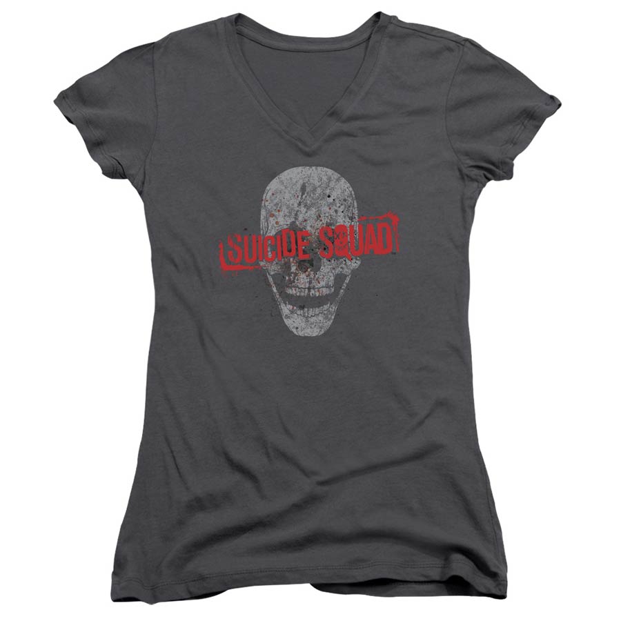 Suicide Squad Movie Skull Junior V-Neck Charcoal T-Shirt Large