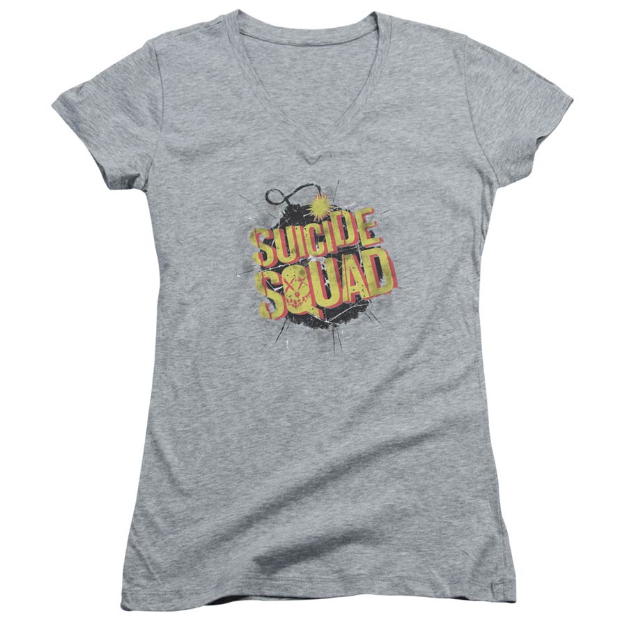 Suicide Squad Movie Vintage Bomb Junior V-Neck Athletic Heather T-Shirt Large
