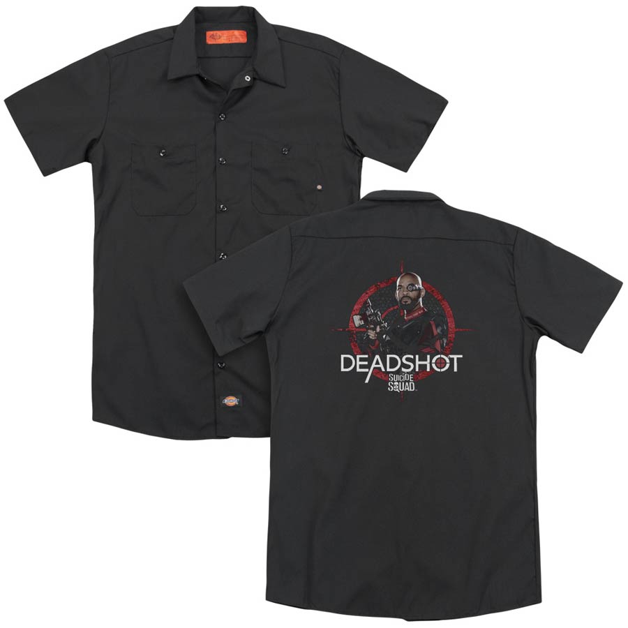 Suicide Squad Movie Deadshot Target (Back Print) Adult Black Button-Down Work T-Shirt Large