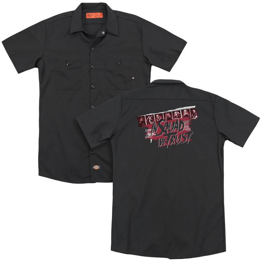 Suicide Squad Movie In Squad We Trust (Back Print) Adult Black Button-Down Work T-Shirt XXX-Large