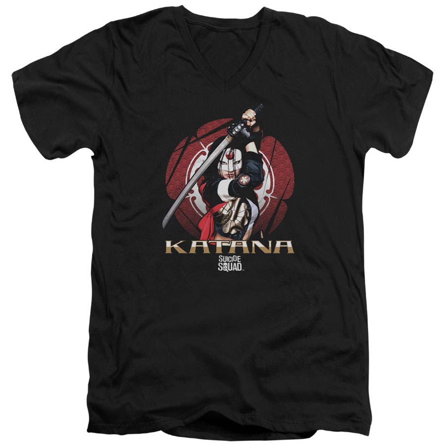 Suicide Squad Movie Katana Flower Adult V-Neck 30/1 Black Short Sleeve T-Shirt Large