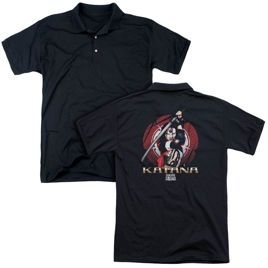 Suicide Squad Movie Katana Flower (Back Print) Mens Regular Fit Black Polo T-Shirt Large