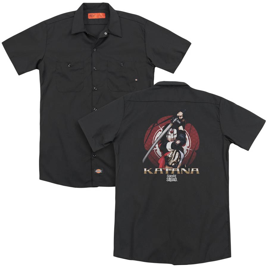 Suicide Squad Movie Katana Flower (Back Print) Adult Black Button-Down Work T-Shirt Large