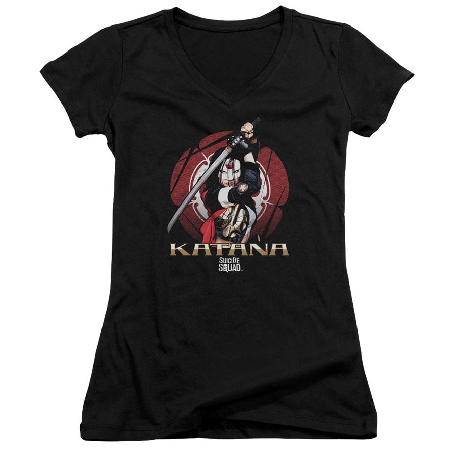 Suicide Squad Movie Katana Flower Junior V-Neck Black T-Shirt Large