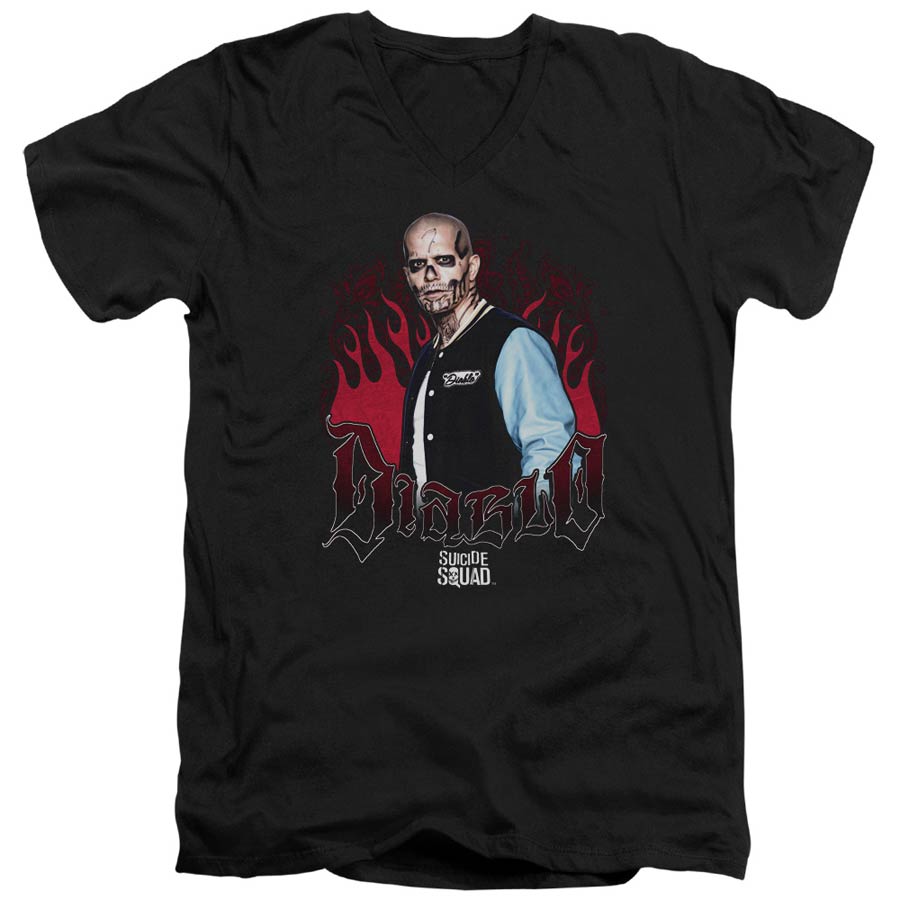 Suicide Squad Movie Diablo Flames Adult V-Neck 30/1 Black Short Sleeve T-Shirt Large