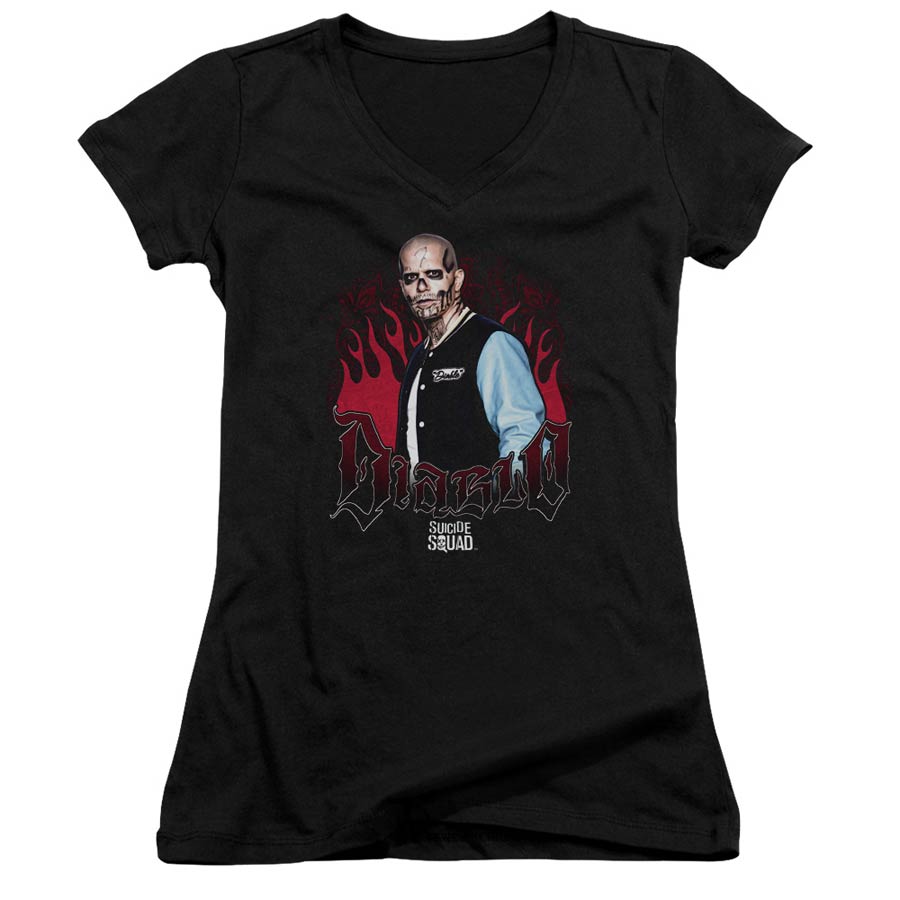 Suicide Squad Movie Diablo Flames Junior V-Neck Black T-Shirt Large