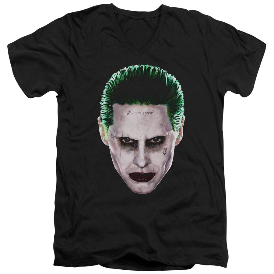 Suicide Squad Movie Joker Head Adult V-Neck 30/1 Black Short Sleeve T-Shirt Large
