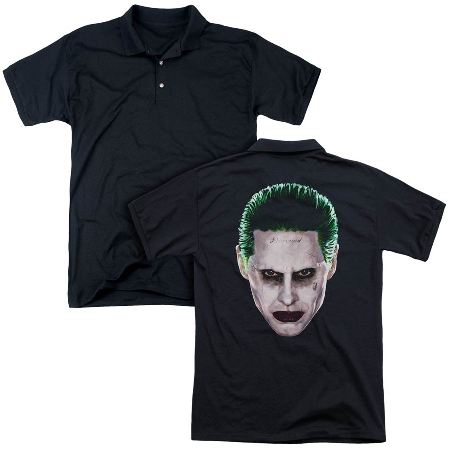 Suicide Squad Movie Joker Head (Back Print) Mens Regular Fit Black Polo T-Shirt Large