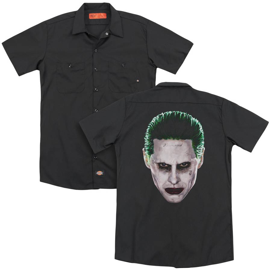 Suicide Squad Movie Joker Head (Back Print) Adult Black Button-Down Work T-Shirt Large