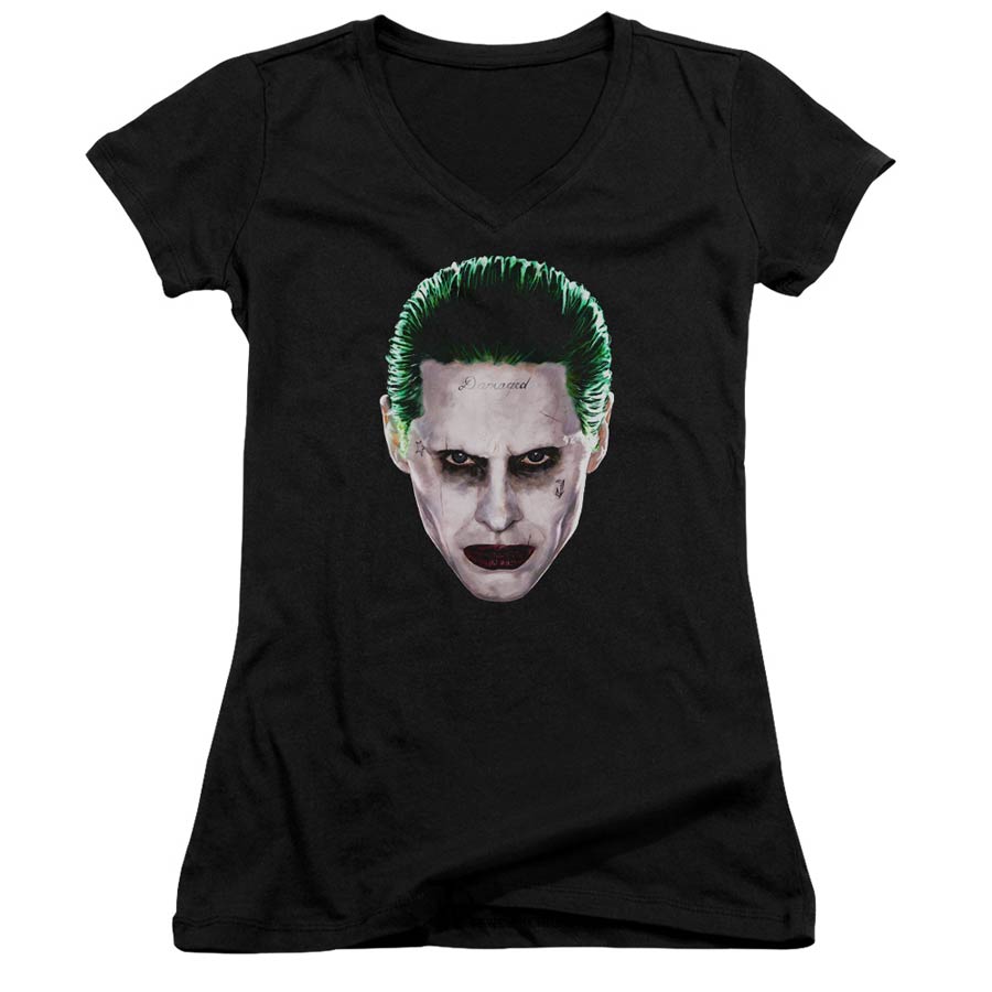 Suicide Squad Movie Joker Head Junior V-Neck Black T-Shirt Large