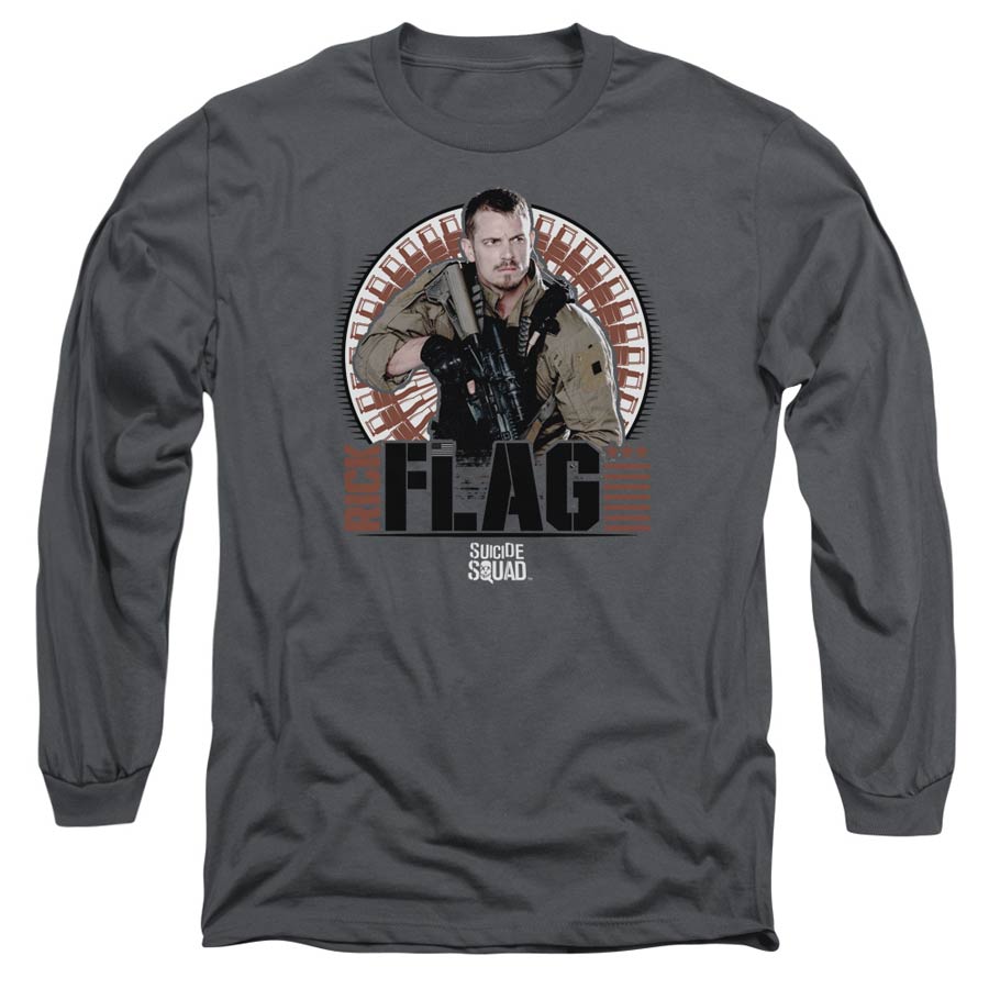 Suicide Squad Movie Rick Flagg Bullets Adult 18/1 Charcoal Long Sleeve Shirt Medium