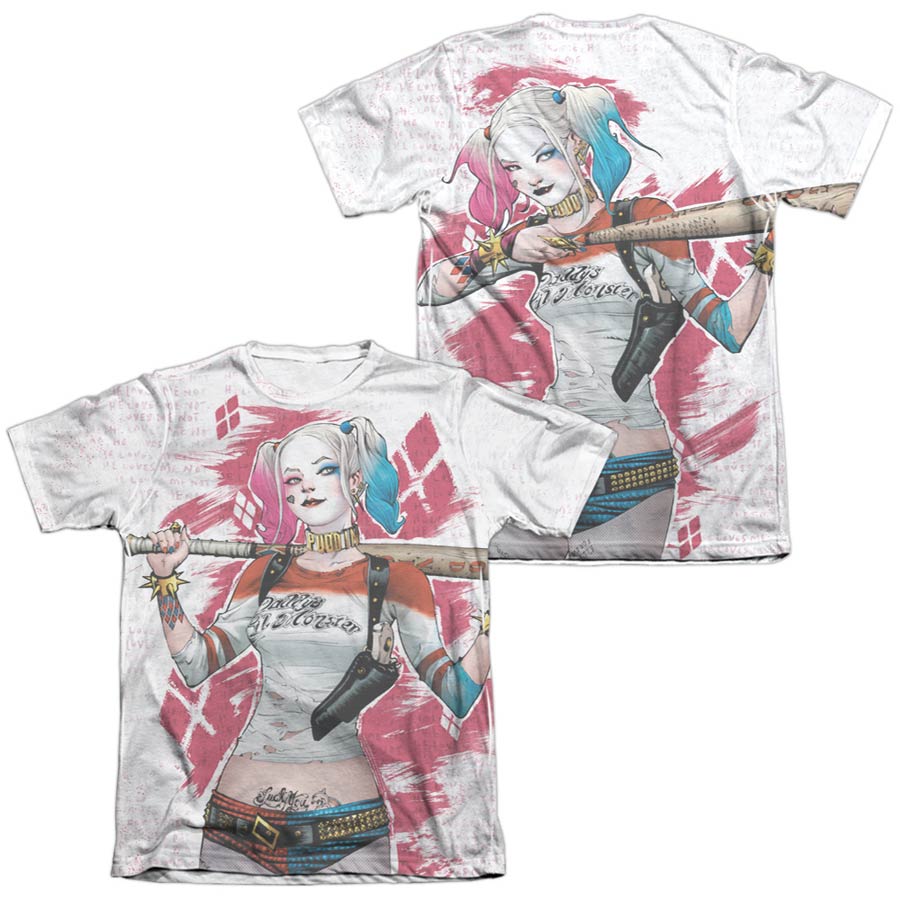 Suicide Squad Movie Harley Drawing (Front/Back Print) Mens Poly Cotton White T-Shirt Large