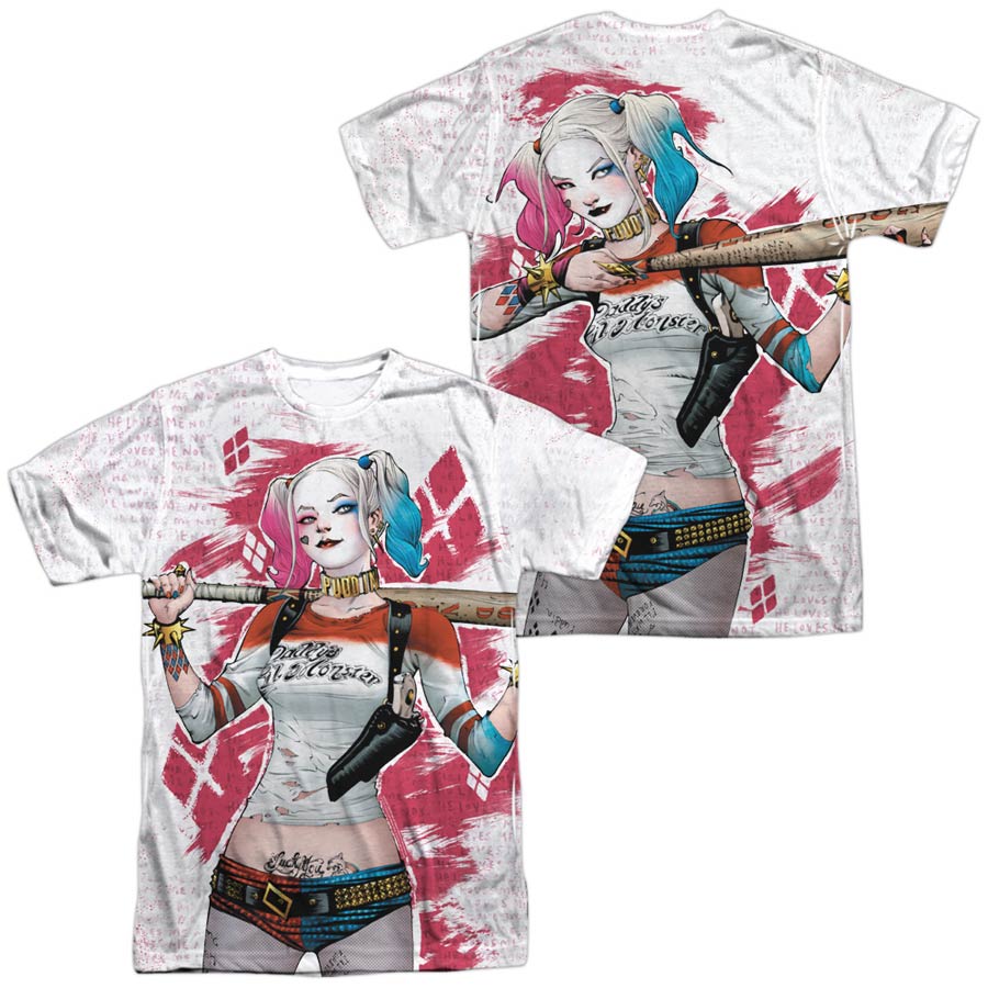 Suicide Squad Movie Harley Drawing (Front/Back Print) Mens 100 Percent Poly Crew Neck White T-Shirt Large