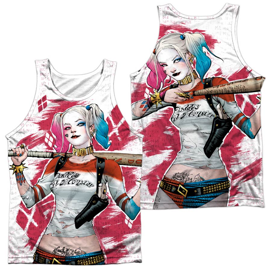 Suicide Squad Movie Harley Drawing (Front/Back Print) Adult 100 Percent Poly Tank Top White T-Shirt Large