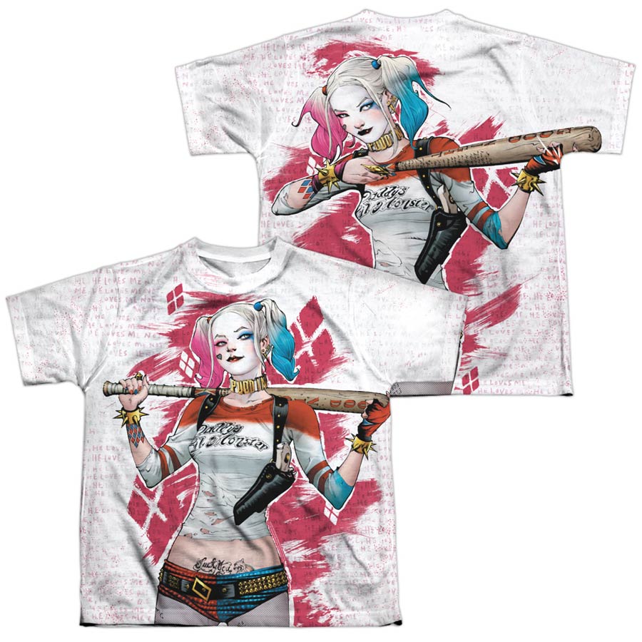 Suicide Squad Movie Harley Drawing (Front/Back Print) Youth Poly Crew Neck White T-Shirt Large
