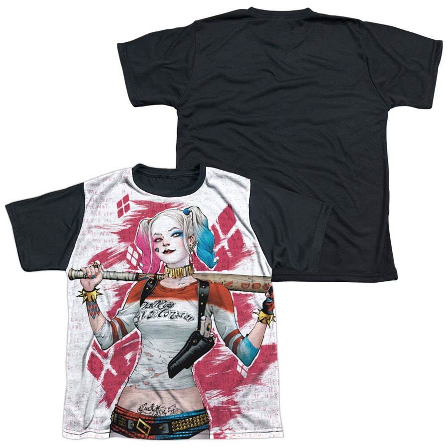 Suicide Squad Movie Harley Drawing Youth Black Back White T-Shirt Large