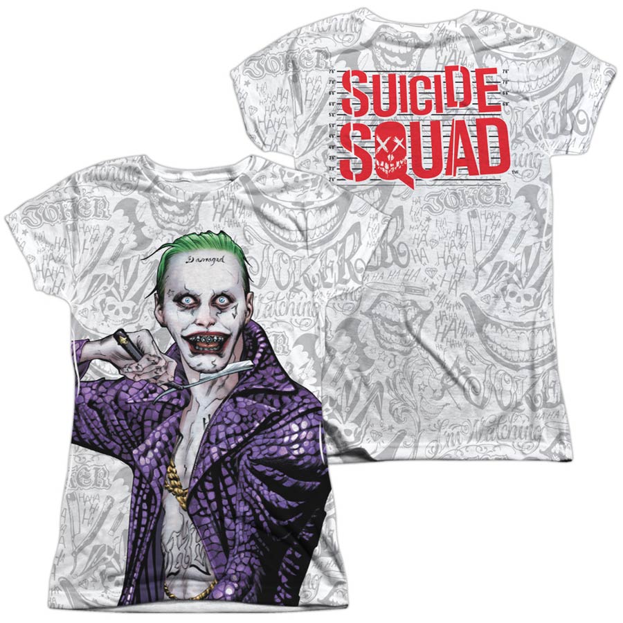 Suicide Squad Movie Across The Throat (Front/Back Print) Womens 100 Percent Poly Crew Neck White T-Shirt Large