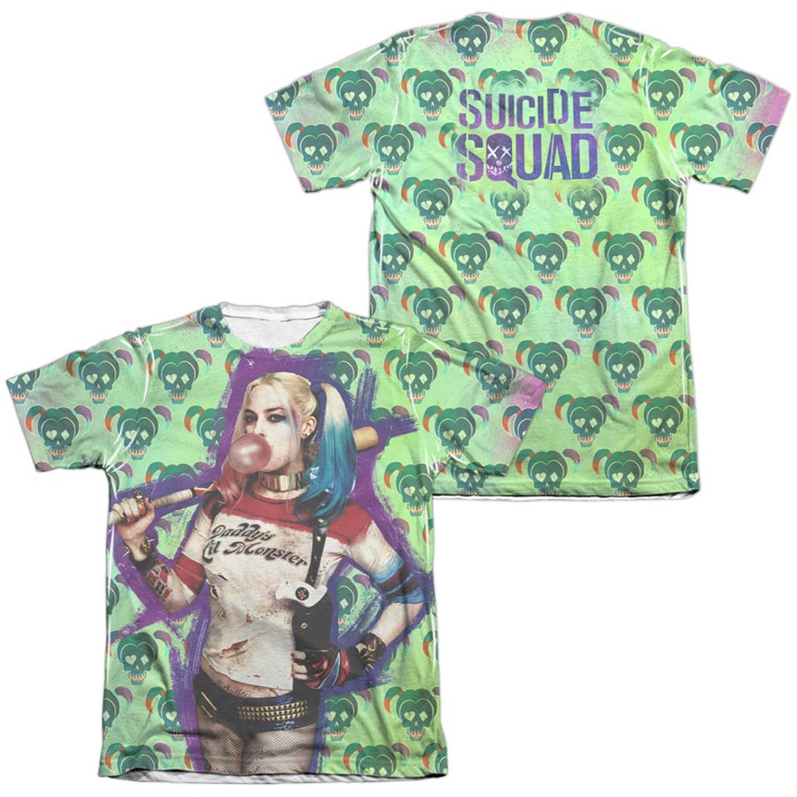 Suicide Squad Movie Harley Bubble Skull (Front/Back Print) Mens Poly Cotton T-Shirt Large