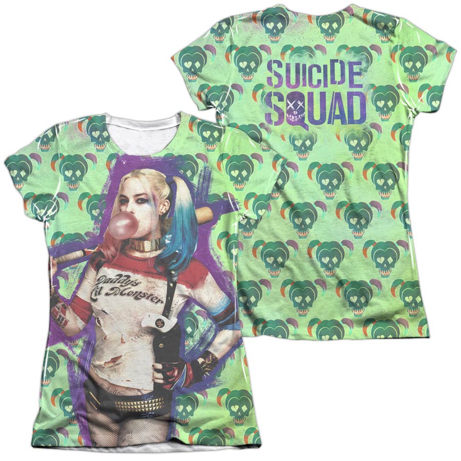 Suicide Squad Movie Harley Bubble Skull (Front/Back Print) Womens Poly Cotton Crew Neck T-Shirt Large