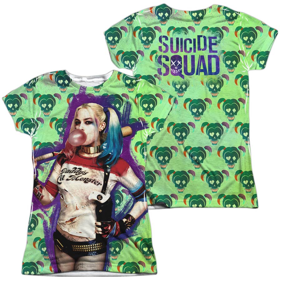 Suicide Squad Movie Harley Bubble Skull (Front/Back Print) Womens 100 Percent Poly Crew Neck T-Shirt Large