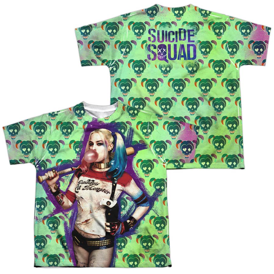 Suicide Squad Movie Harley Bubble Skull (Front/Back Print) Youth Poly Crew Neck T-Shirt Large