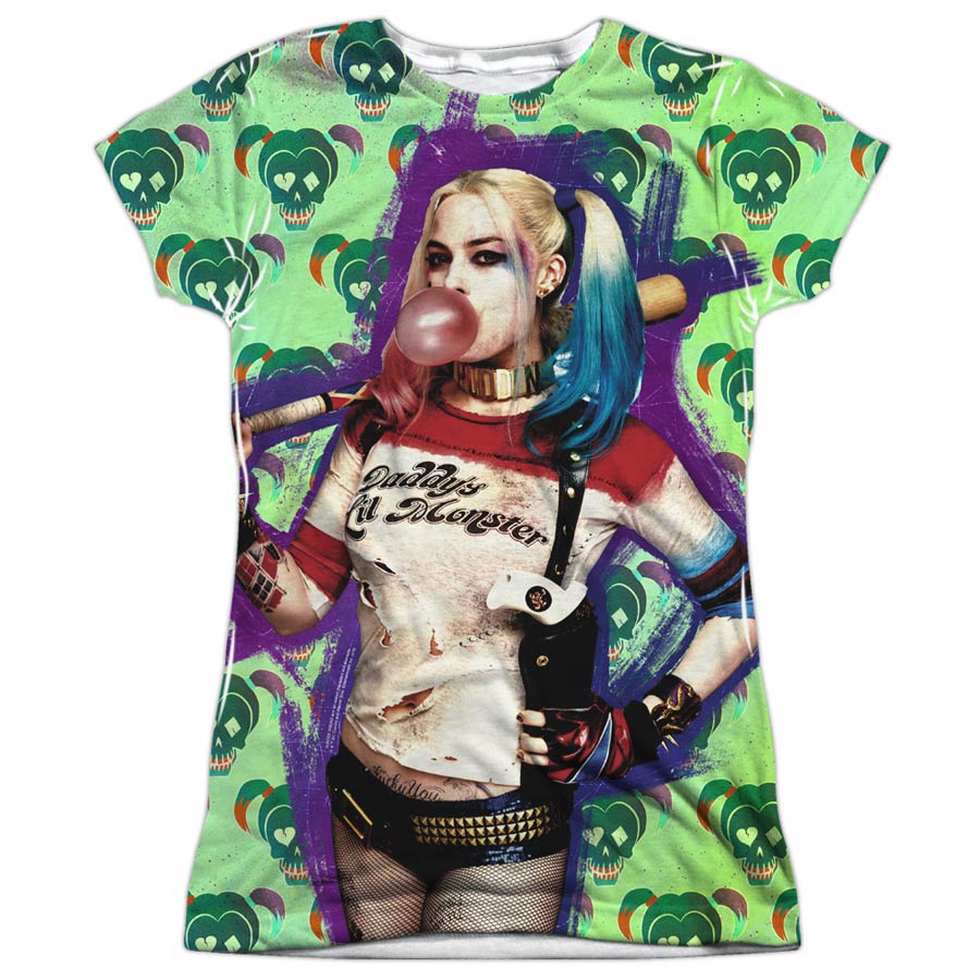 Suicide Squad Movie Harley Bubble Skull Womens 100 Percent Poly Crew Neck T-Shirt Large