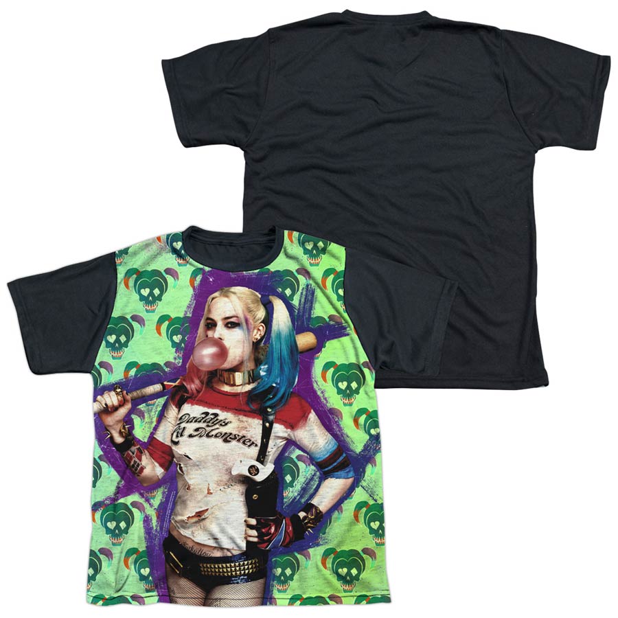 Suicide Squad Movie Harley Bubble Skull Youth Front Black Back T-Shirt Large