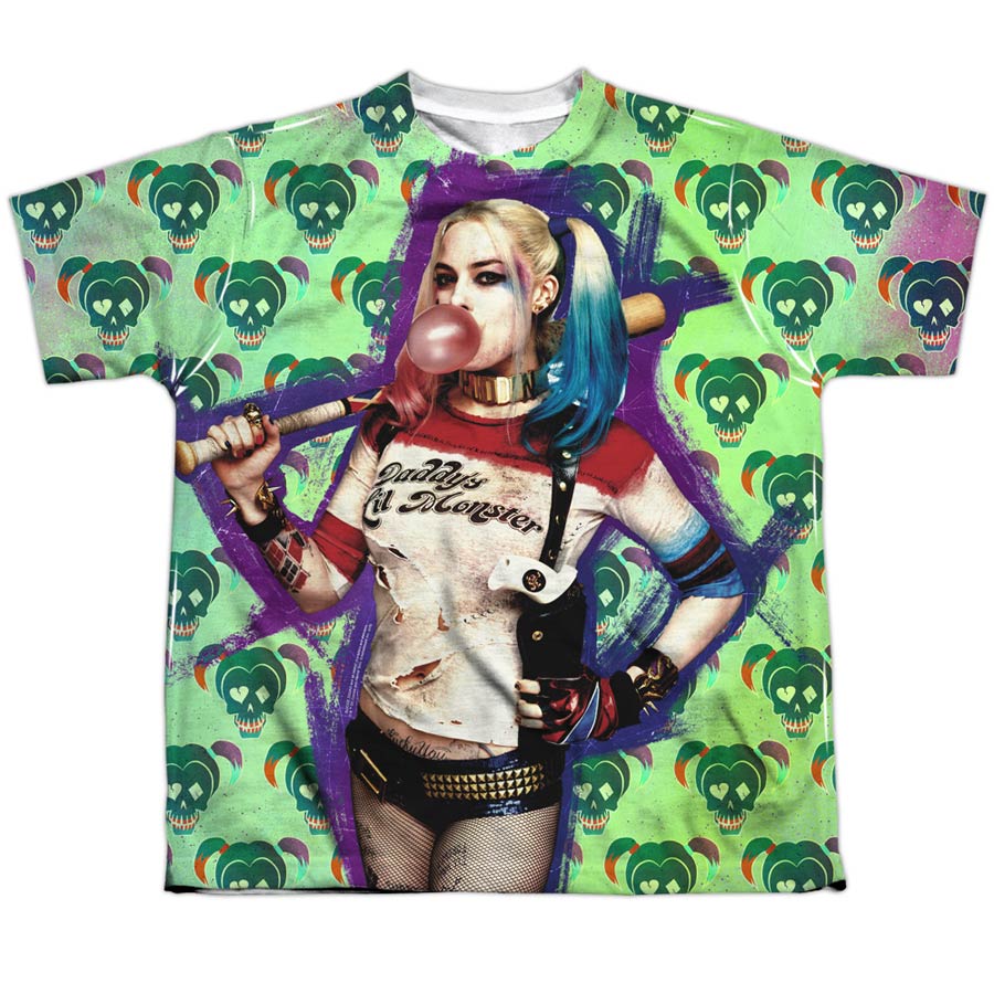 Suicide Squad Movie Harley Bubble Skull Youth Poly Crew Neck T-Shirt Large