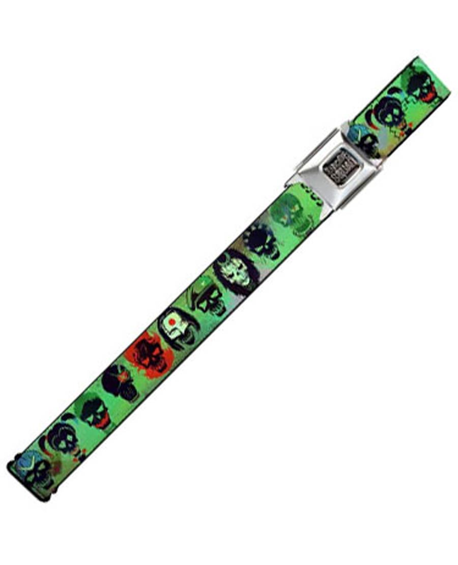 DC Comics Seatbelt-Style Belt 24-38 Inches - Suicide Squad Movie Character Icons On Green