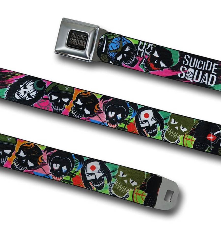 DC Comics Seatbelt-Style Belt 24-38 Inches - Suicide Squad Movie Character Icons Multicolor