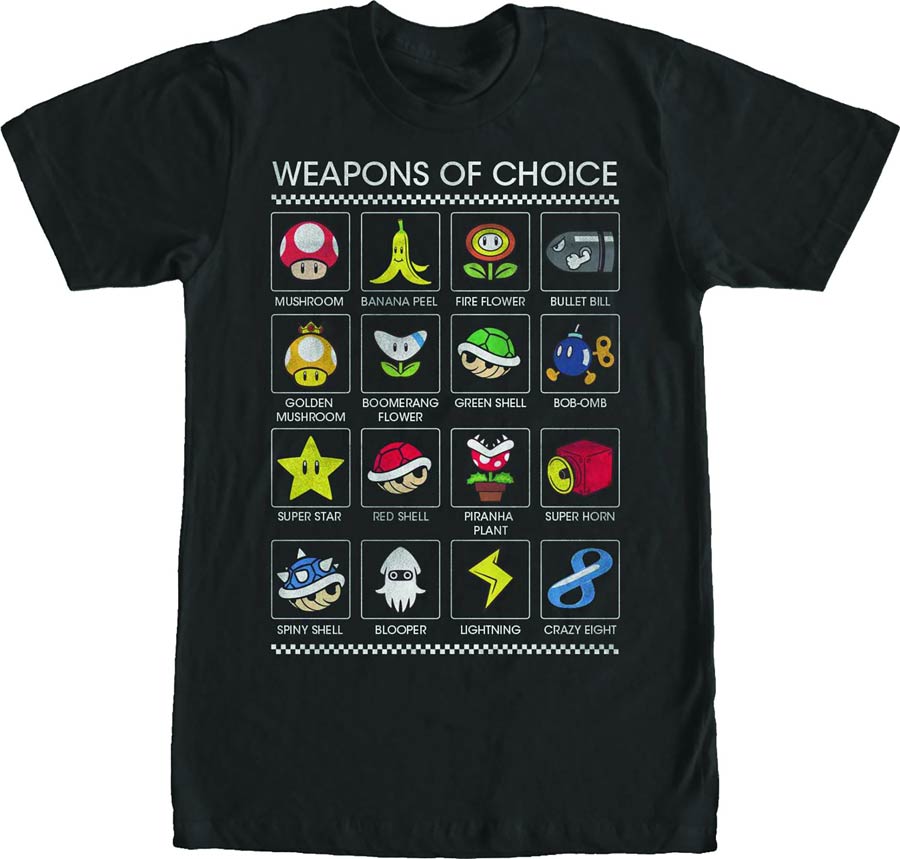 Super Mario Weapons Of Choice Black T-Shirt Large
