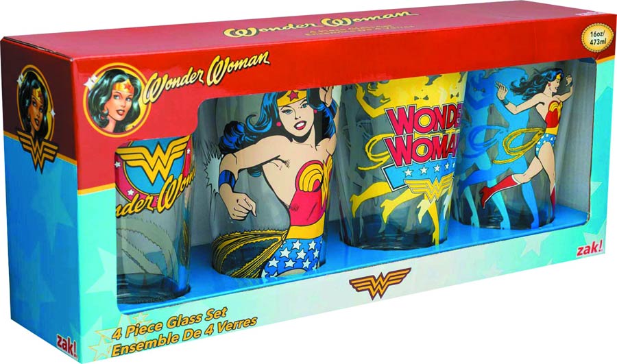 Wonder Woman 16-Ounce Glass Tumbler 4-Piece Gift Box