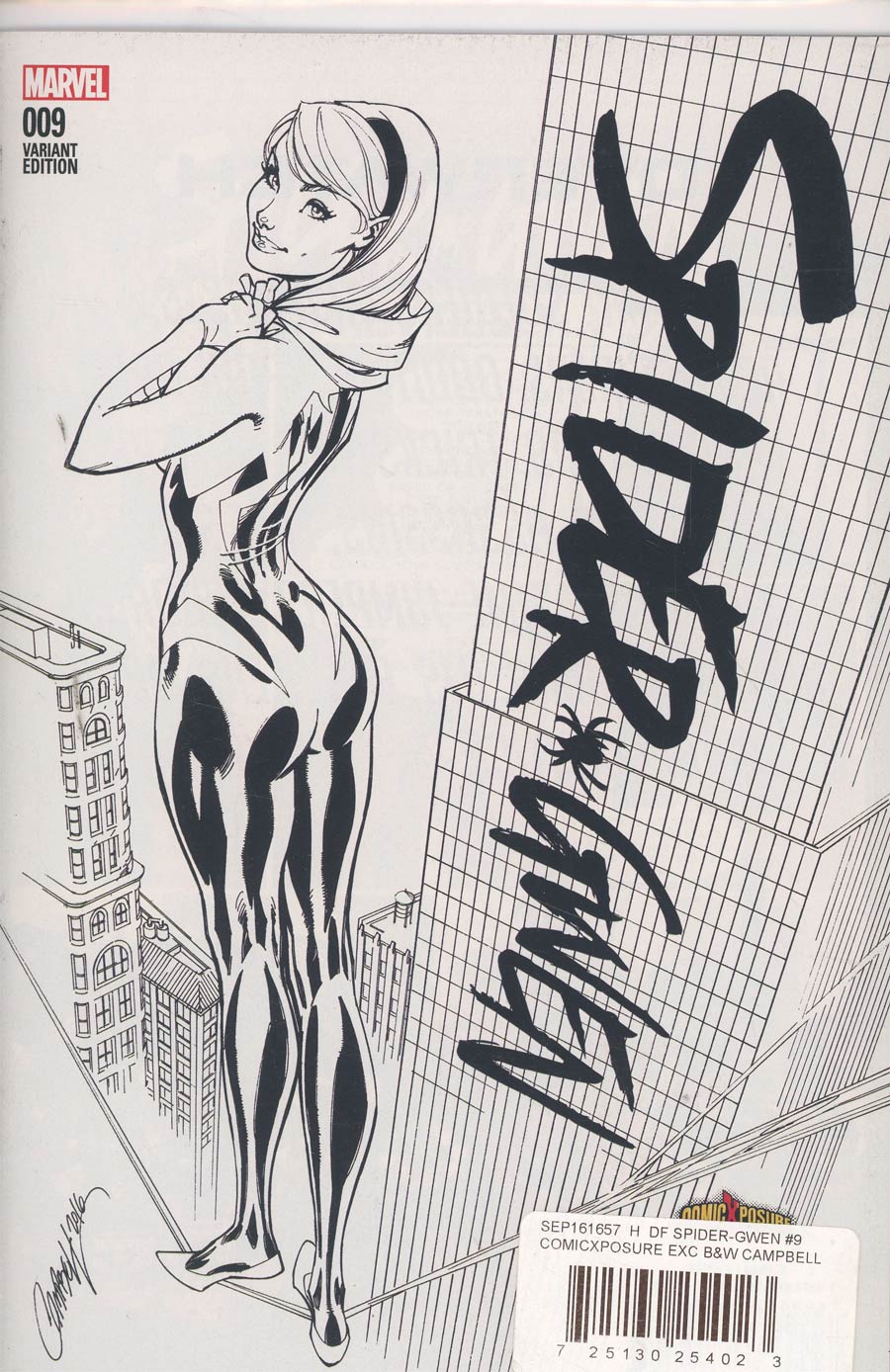 Spider-Gwen Vol 2 #9 Cover C DF Comicxposure Exclusive J Scott Campbell Black & White Variant Cover