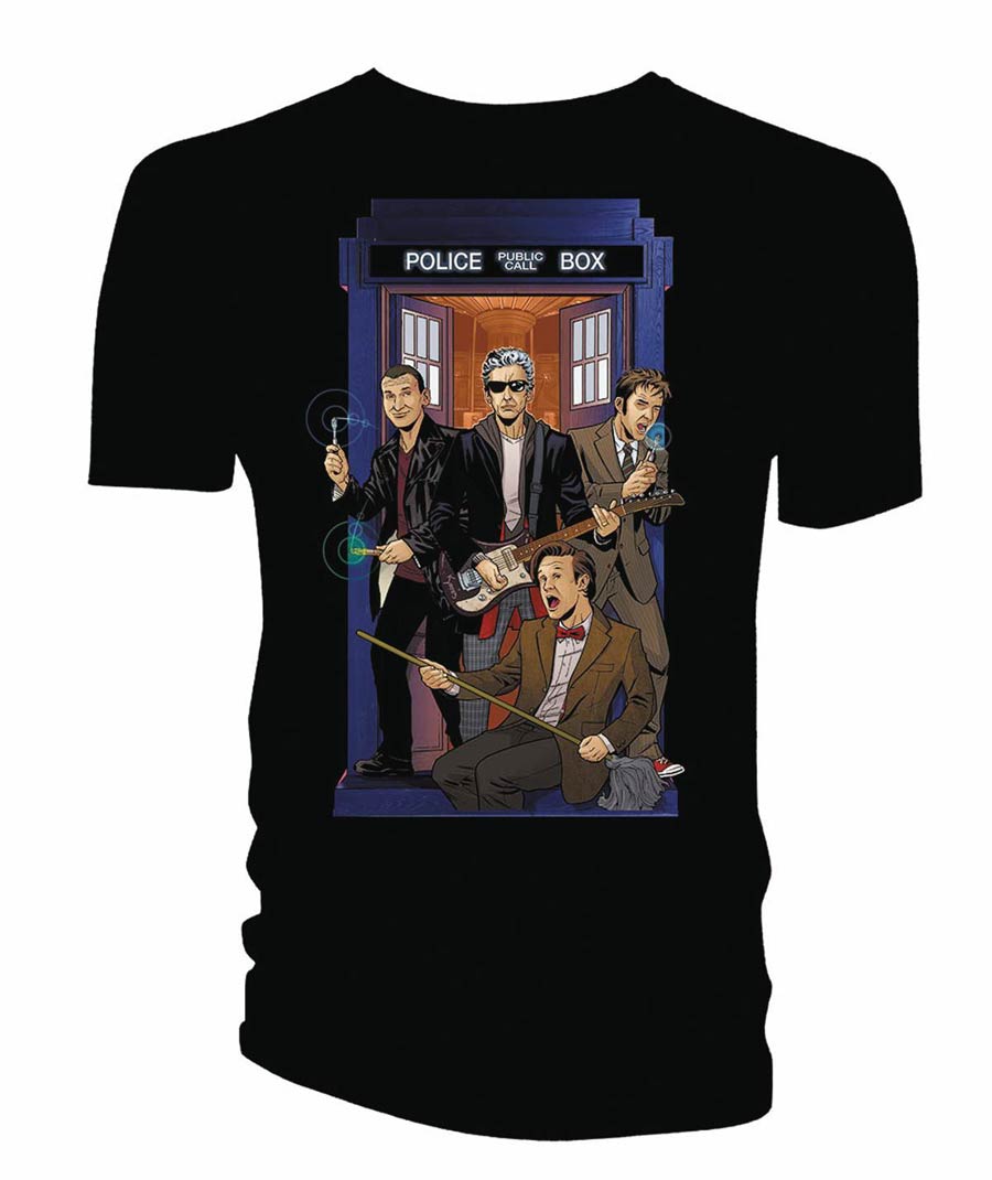 Doctor Who 4 Doctors Band Previews Exclusive Black T-Shirt Large