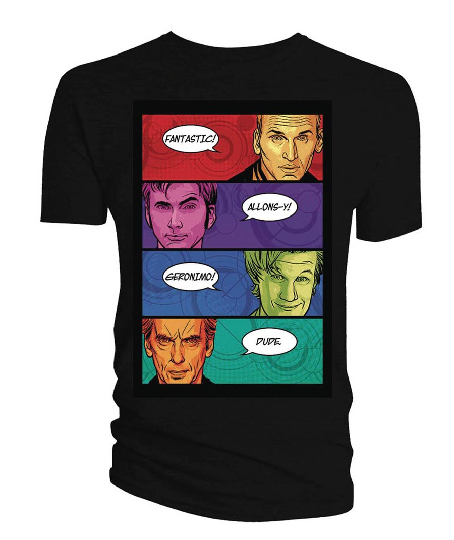 Doctor Who 4 Doctors Catchphrases Comic Book Previews Exclusive Black T-Shirt Large