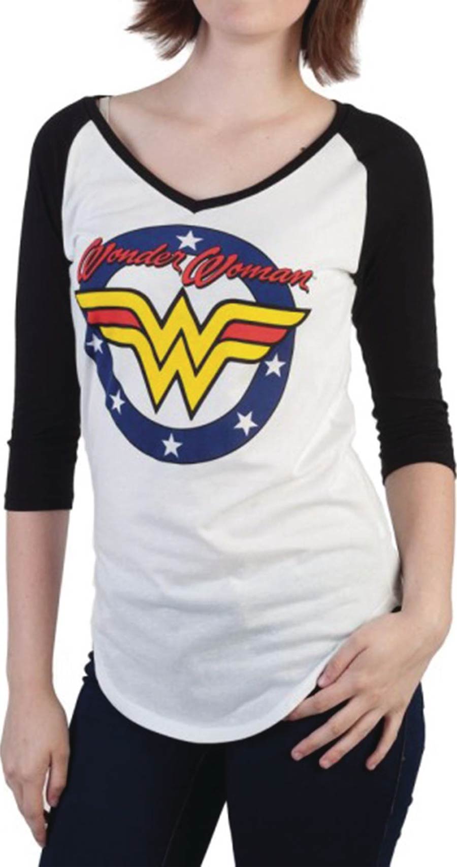 DC Comics Wonder Woman Logo V-Neck Raglan Shirt Small