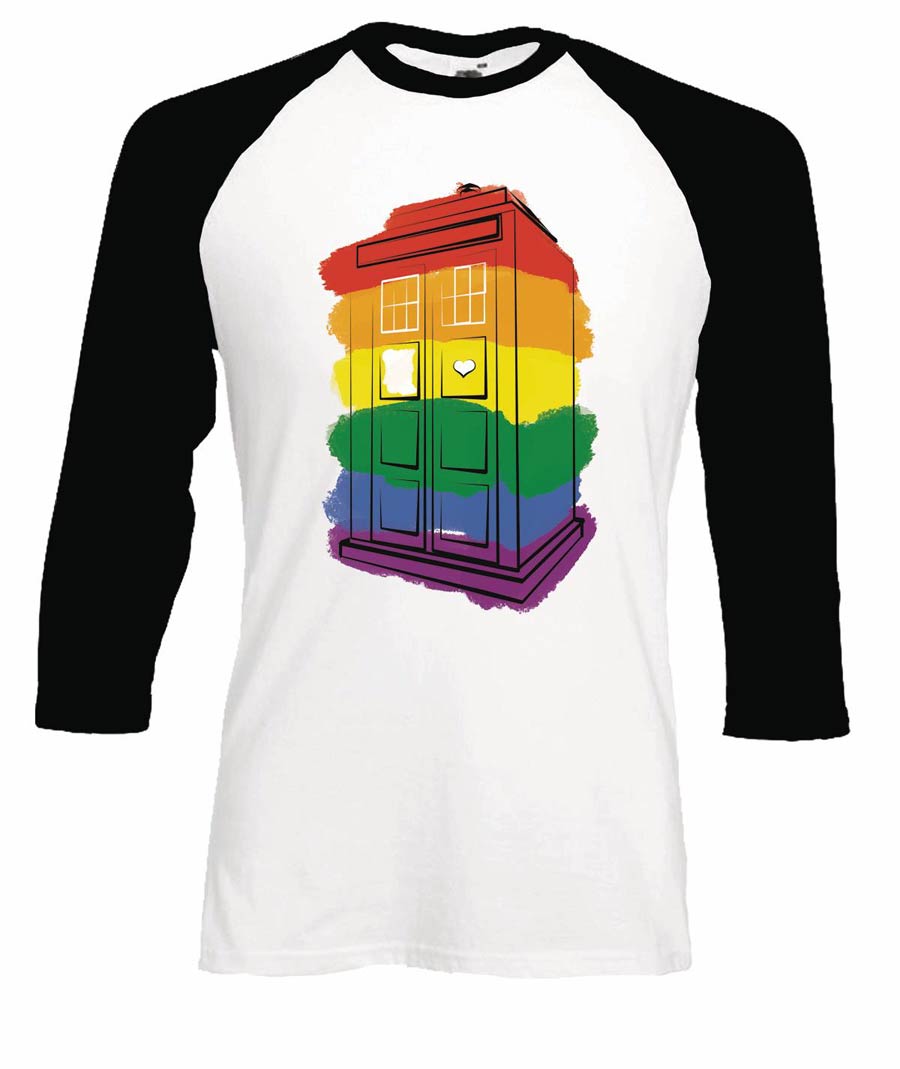 Doctor Who Rainbow Paint TARDIS White Baseball T-Shirt Small