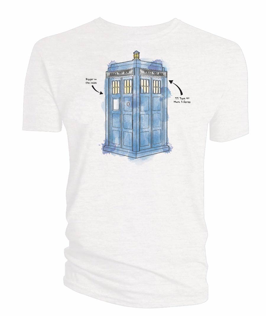 Doctor Who Watercolor TARDIS Previews Exclusive White T-Shirt Large